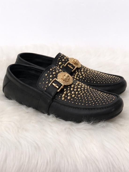 Versace Black Leather Studded Medusa Medallion Driving Loafers - Size 6 COA main image 8